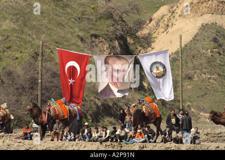 Dromedar, einen buckligen Kamel (Camelus Dromedarius), Kampf gegen Kamele mit türkischer Flagge und ein Banner mit Ata Tuerk, Türkei, tuerk Stockfoto