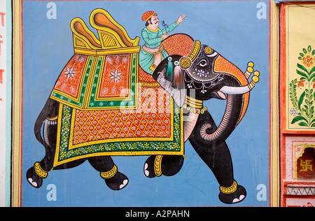 Indien Rajasthan Jodhpur alte Stadt typischen Rajasthani Wandmalerei geschmückten Elefanten Stockfoto