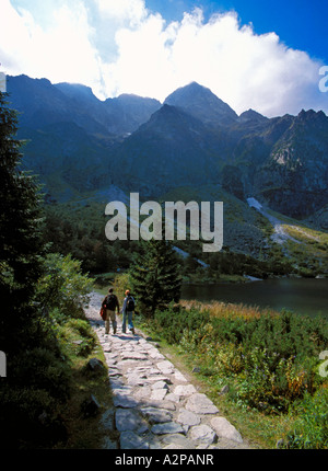 Polen Tatra National Park High Tatras Mt und Auge des Meer See touristischen Wanderweg im Sommer Stockfoto
