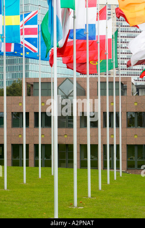 Länderflaggen der Europäischen Union außerhalb des Gerichtshofs der Europäischen Union, Kirchberg-Plateau, Luxemburg-Stadt Stockfoto