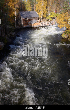 Eine Kabine an der Myllykoski Stromschnellen im Fluss Kitkajoki Oulanka-Nationalpark, Kuusamo, Finnland Stockfoto