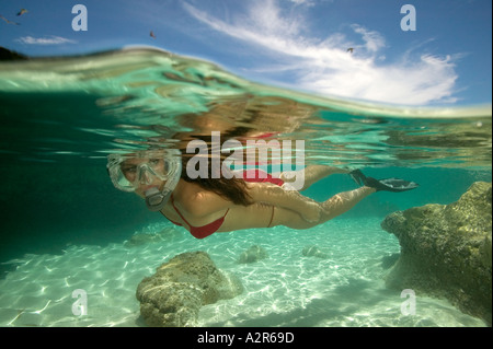 Frau Schnorcheln Elbow Cay Cay Sal Bank Bahamas-Inseln Stockfoto