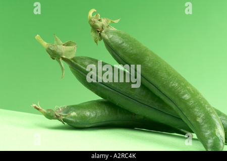 Erbsenschoten auf grünem Hintergrund Stockfoto