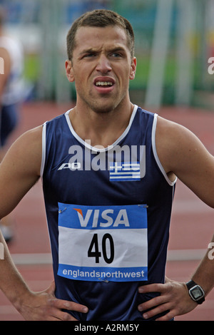 Paralympic World Cup 07 05 2006 Manchester regionale Arena Athanasios Letkas von Griechenland nach dem Wettkampf in der Herren T35 200m Stockfoto