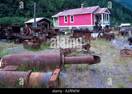 Sandon, BC, Britisch-Kolumbien, Kanada - alten rosten Bergbaugeräte im historischen "Silver Rush" Ghost Bergbaustadt, Kootenay Region Stockfoto