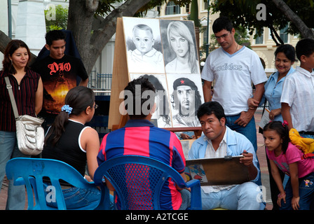 Karikaturist Stand in der Innenstadt von Guayaquil, Ecuador. Stockfoto