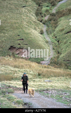 Walker, absteigend von Pen-y-Fan, Brecon Beacons National Park, Powys, Wales Stockfoto