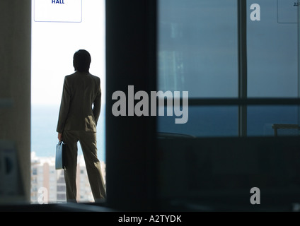 Frau stehend mit Aktentasche, Erker, Silhouette mit Blick Stockfoto