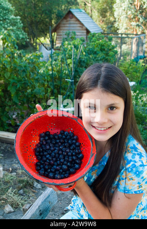 Junges Mädchen mit roten Emaille Sieb der biologisch angebaute Blaubeeren Stockfoto