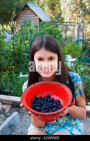 Junges Mädchen mit roten Emaille Sieb der biologisch angebaute Blaubeeren Stockfoto