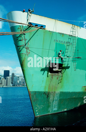 Neuseeland. Wellington. Schiffswartung. Männer malen Rumpf. Stockfoto