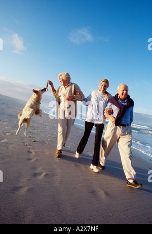 Ältere Familie ihre Labrador Hund am Strand spazieren gehen. Stockfoto