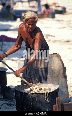 Asien-MYanmar-Burma-MOKEN-Stamm Frau kochendem Seegurken im Hexenkessel Lampi Insel Megui Inselgruppe Andaman Sea Stockfoto