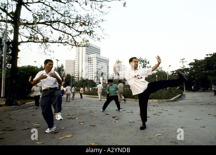 Chinesen Tai Chi Praxis im Morgengrauen vor der Arbeit im Lumpinipark, Bangkok, Thailand Stockfoto