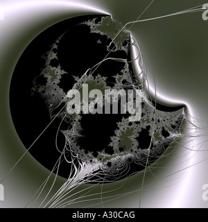 Abstraktes fraktales Kunstwerk mit komplexen geometrischen Mustern in Schwarz und Grau auf einem glatten verlaufenen Hintergrund Stockfoto