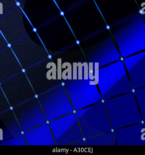 Abstraktes digitales Kunstwerk mit leuchtendem blauem Rastermuster und leuchtenden Schnittpunkten auf dunklem, strukturiertem Hintergrund. Stockfoto