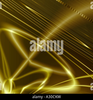 Abstraktes digitales Kunstwerk mit fließenden goldenen Lichtstreifen und sich kreuzenden Linien auf dunklem Hintergrund für einen schlanken und futuristischen visuellen Effekt Stockfoto