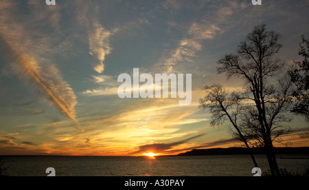 Ein Baum Silhouette gegen einen dramatischen Sonnenuntergang in New Richmond (Québec) Stockfoto