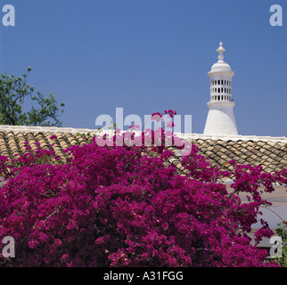 typisch maurischen Schornstein auf rustikalen Haus mit Trauerweiden Blumen Stockfoto