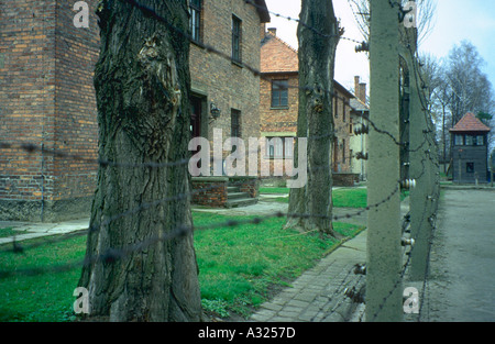 Blick durch einen Drahtzaun Widerhaken an der Außenseite der Kaserne bei Auschwitz Konzentration Lager Oswiecim in Polen Stockfoto