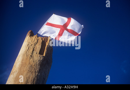 Kleine St. George flag in Spitze der dicken gebrochenen Holzstab fixiert und flatternden im warmen Abendlicht mit tiefblauen Himmel Stockfoto