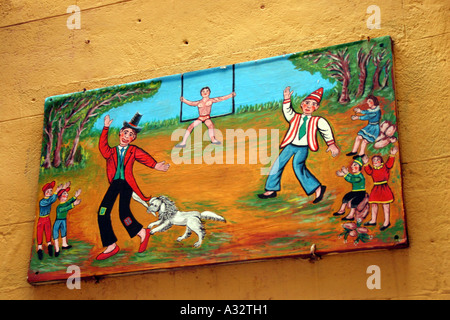 Schild an Wand draußen ein Puppentheater in Palermo. Nordküste Sizilien. Italien. Stockfoto