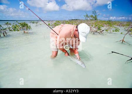 Abaco, Bahamas.  Mann, die Freigabe Bonefish erwischt beim Fliegenfischen. Stockfoto