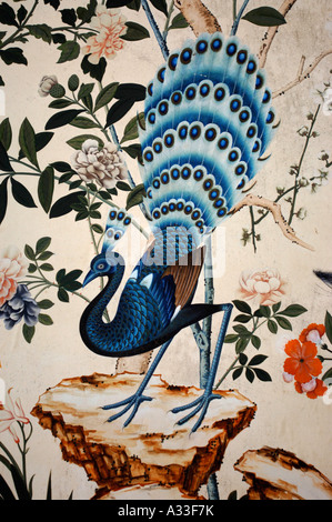 EIN DETAIL DER BLAUE PFAU AUFGEMALT DIE TAPETEN DES CHINESISCHEN ZIMMERS IM HALSWELL HAUS IN DER NÄHE VON BRIDGWATER SOMERSET UK OKT 2006 Stockfoto