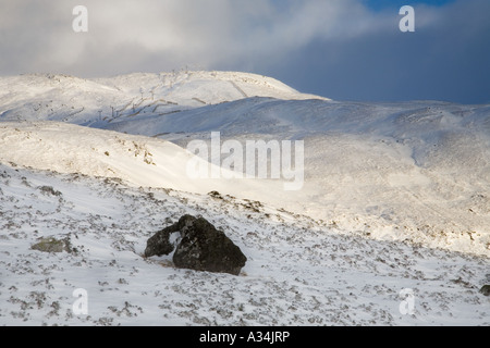 Unregelmäßige Felsbrocken und eisige schottische Winterlandschaft; Felsen, Schneefelder mit Blick auf den Glas Maol Cairnwell Pass, Glenshee Ski Resort, Braemar, Schottland, großbritannien Stockfoto