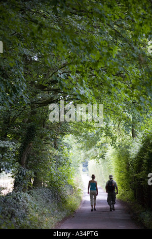 Wanderer auf der Cotswold Weise National Trail zwischen Leckhampton Hill und Crickley Hill Stockfoto