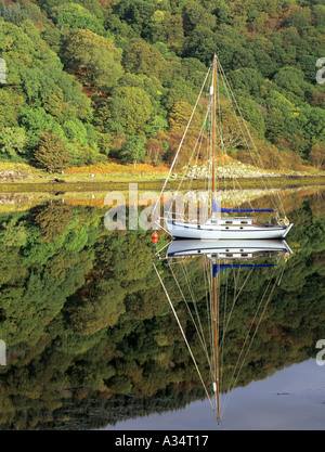 Yacht und Reflexion über Loch Feochan an ruhigen sonnigen Morgen in Argyle und Bute Schottland UK Großbritannien Stockfoto