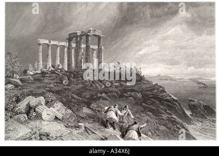 Griechenland Athen griechische Poseidon Attican Küste Sounion Kap Architektur klassische Marmorsäule dorischen Denkmal Ionischen Anbetung Mehrzahl Stockfoto