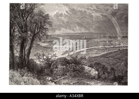 Austria Wien Fluss Donau Leopoldsberg österreichische Wiener Brücke erhöhten Aussichtspunkt hoch über ferne Stadtpanorama Stockfoto