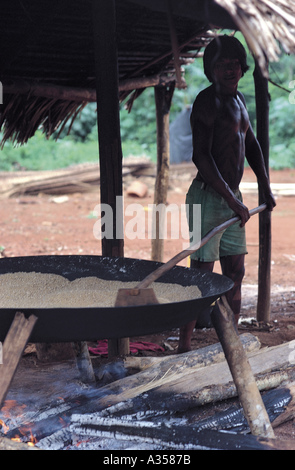 Ein Ukre Dorf Brasilien Kayapo Mann Kochen Maniok Manihot Esculenta Mandioca oder Maniok in einer großen Pfanne Xingu park Stockfoto