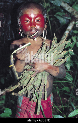 Ein Ukre Dorf Brasilien Kayapo jungen armen Ingaa voller Früchte sp Gesicht gemalt mit Urucum Genipapo Farbstoffe Xingu Inidg Bereich Stockfoto