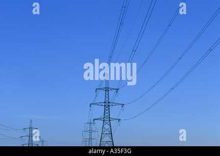 Elektrizität Masten und Leitungen, Lincolnshire, Großbritannien. Stockfoto