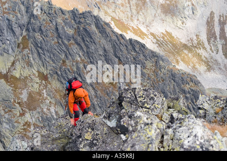 Ein Bergsteiger erreichen den Gipfel des Berges Vychodna Vysoka (östliche Vysoka). Stockfoto