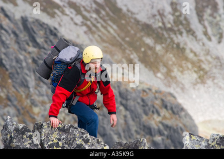 Ein Bergsteiger erreichen den Gipfel des Berges Vychodna Vysoka (östliche Vysoka). Stockfoto