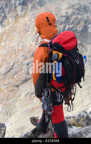 Eine Kletterrose mit moderner Ausrüstung auf dem Gipfel des Berges Vychodna Vysoka (östliche Vysoka). Stockfoto