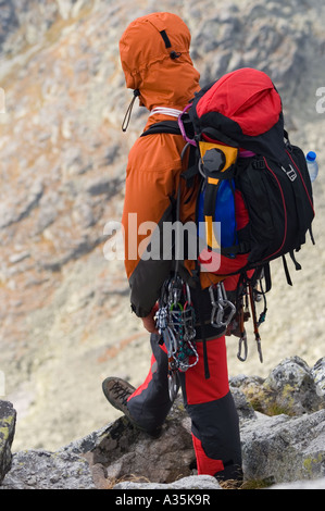 Eine Kletterrose mit moderner Ausrüstung auf dem Gipfel des Berges Vychodna Vysoka (östliche Vysoka). Stockfoto