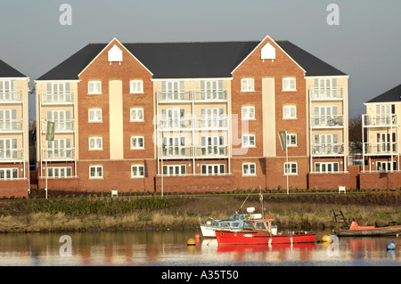 Moderne Mehrfamilienhäuser mit Blick auf Cardiff Bay Waterfront im frühen Morgenlicht mit festgemachten Boote Stockfoto