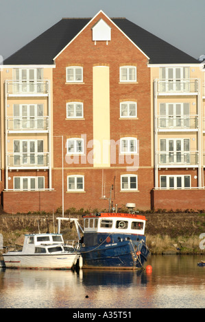 Moderne Mehrfamilienhäuser mit Blick auf Cardiff Bay Waterfront im frühen Morgenlicht mit festgemachten Boote Stockfoto