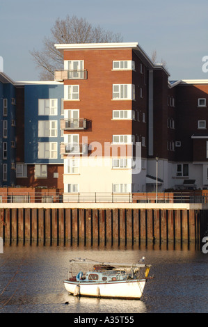 Moderne Mehrfamilienhäuser mit Blick auf Cardiff Bay Waterfront im frühen Morgenlicht mit festgemachten Boote Stockfoto