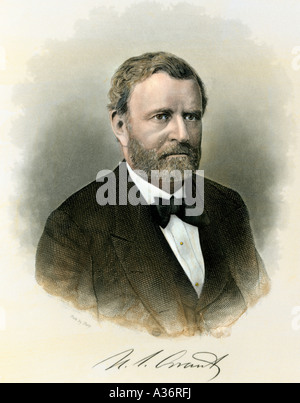 Präsident Ulysses S Grant mit Autogramm. Handcolorierte Stahlstich Stockfoto