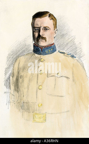 Oberst Theodore Roosevelt Kommandant der rauhen Mitfahrer im Spanisch-Amerikanischen Krieg 1890. Handcolorierte Rasterung von Charles Dana Gibson Abbildung Stockfoto