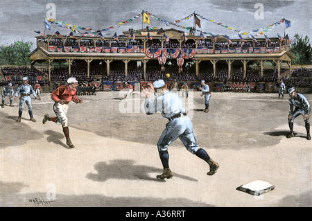 Doppeltes Spiel im ersten Major league baseball spiel von 1886 New York Giants vs Boston Beaneaters. Hand - farbige Holzschnitt Stockfoto