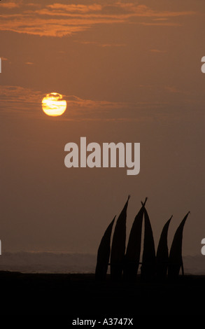 Reed Boote namens Caballitos de totora (hergestellt aus totora Schilf) bei Sonnenuntergang, Huanchaco Strand, in der Nähe von Trujillo, Peru Stockfoto