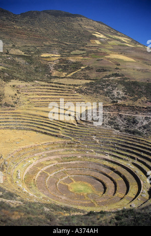 Kreisförmige Inka-Terrasse in Moray, in der Nähe von Maras, Heiliges Tal, Region Cusco, Peru Stockfoto