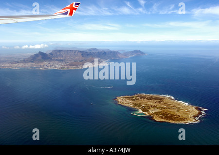 Blick über die Stadt Kapstadt Südafrika aus dem Fenster eines Flugzeugs Virgin Atlantic. Stockfoto