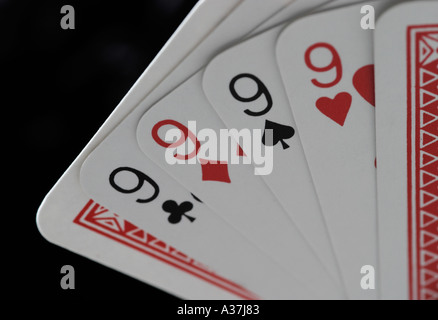 Spielkarten Aces Deuces Kings Queens Joker Tens Neunen achten Sevens sechs fünf Vieren drei zwei einen geraden F Stockfoto